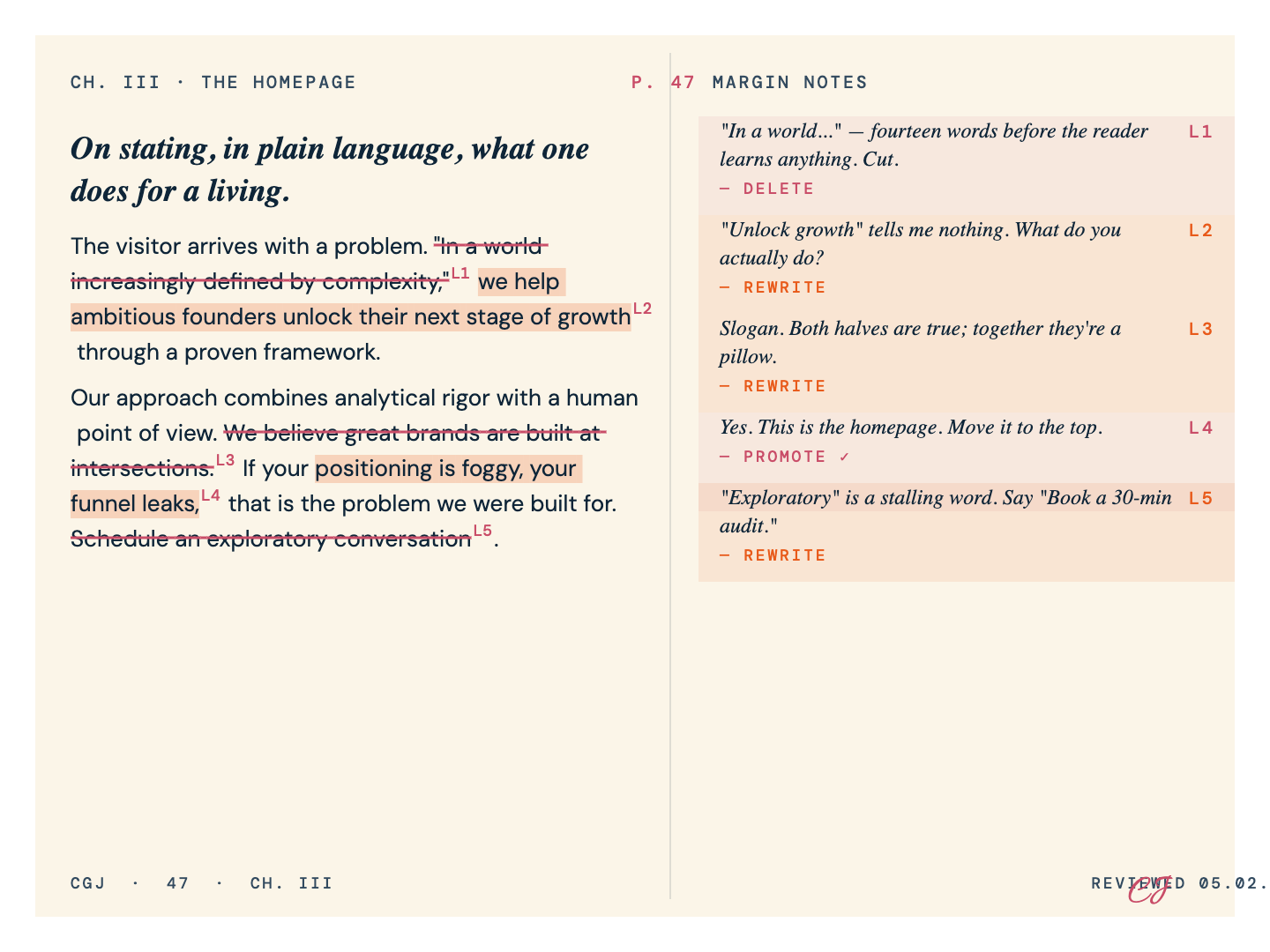 An annotated homepage marked up with handwritten editorial notes and redline revisions